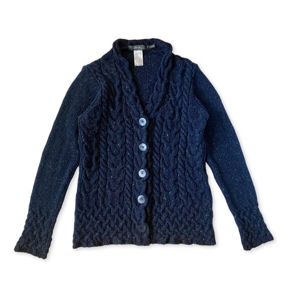 Irelands Eye Islander Wool Cashmere Horseshoe Cable Knit Cardigan Navy Blue Cozy - Picture 4 of 12